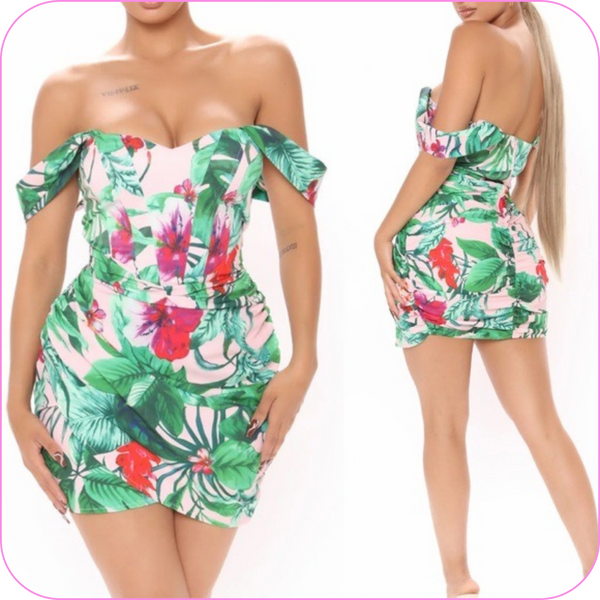strapless corseted mini dress with pink tropical floral print