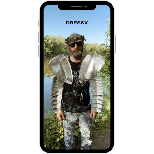 screenshot image of a man wearing a digital fashion outfit that makes him look like a forest warrior