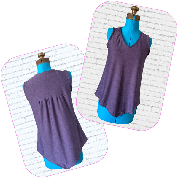 front and back photos of a purple tank top made from heathered purple jersey