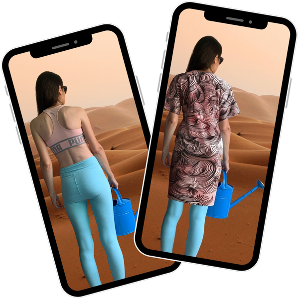 before and after shots of a woman wearing a digital dress. she is holding a watering can and looking out across a vast desert.