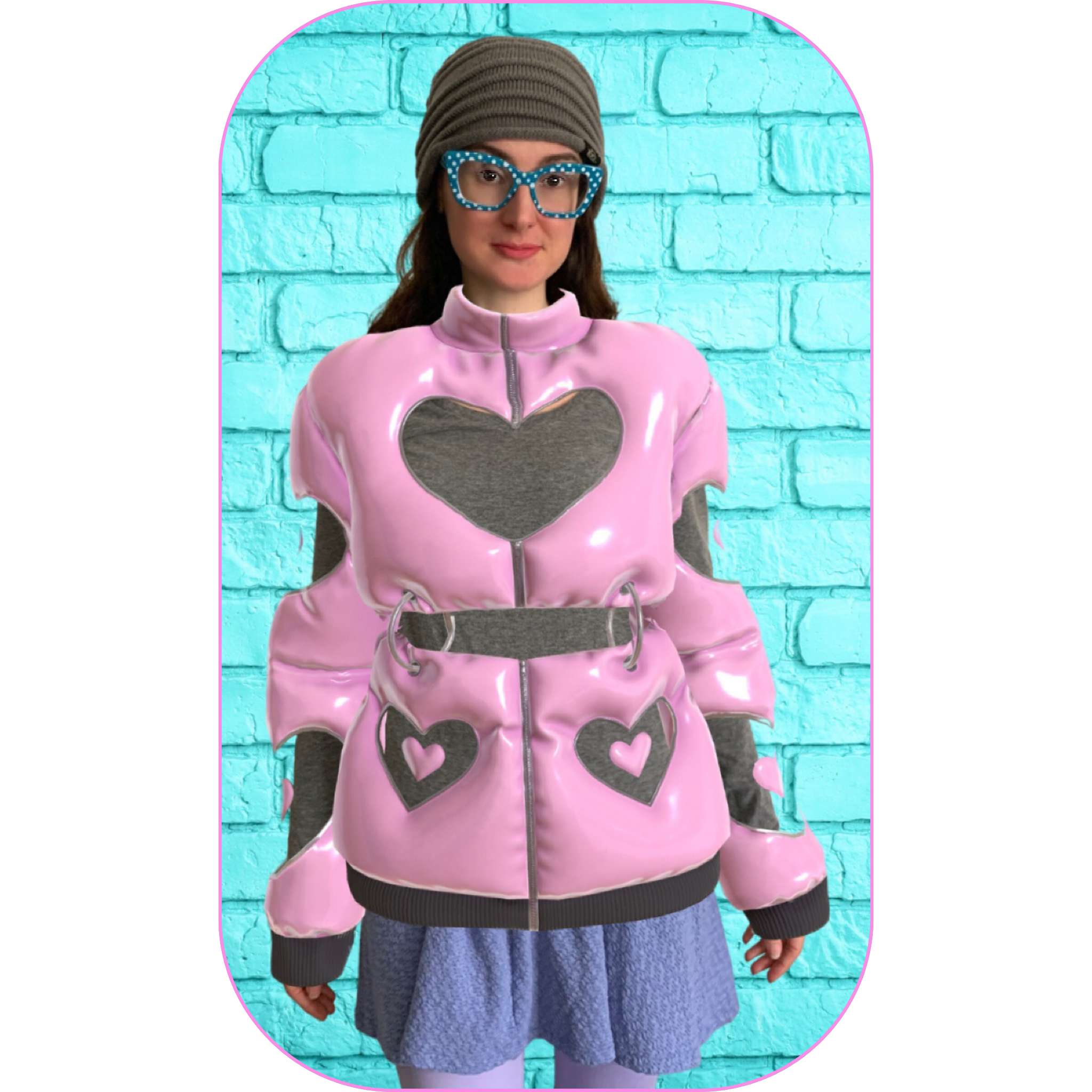 woman wearing a pink digital puffer jacket with heart cutouts over a grey long-sleeve tee and purple mini skirt, in front of a teal brick wall