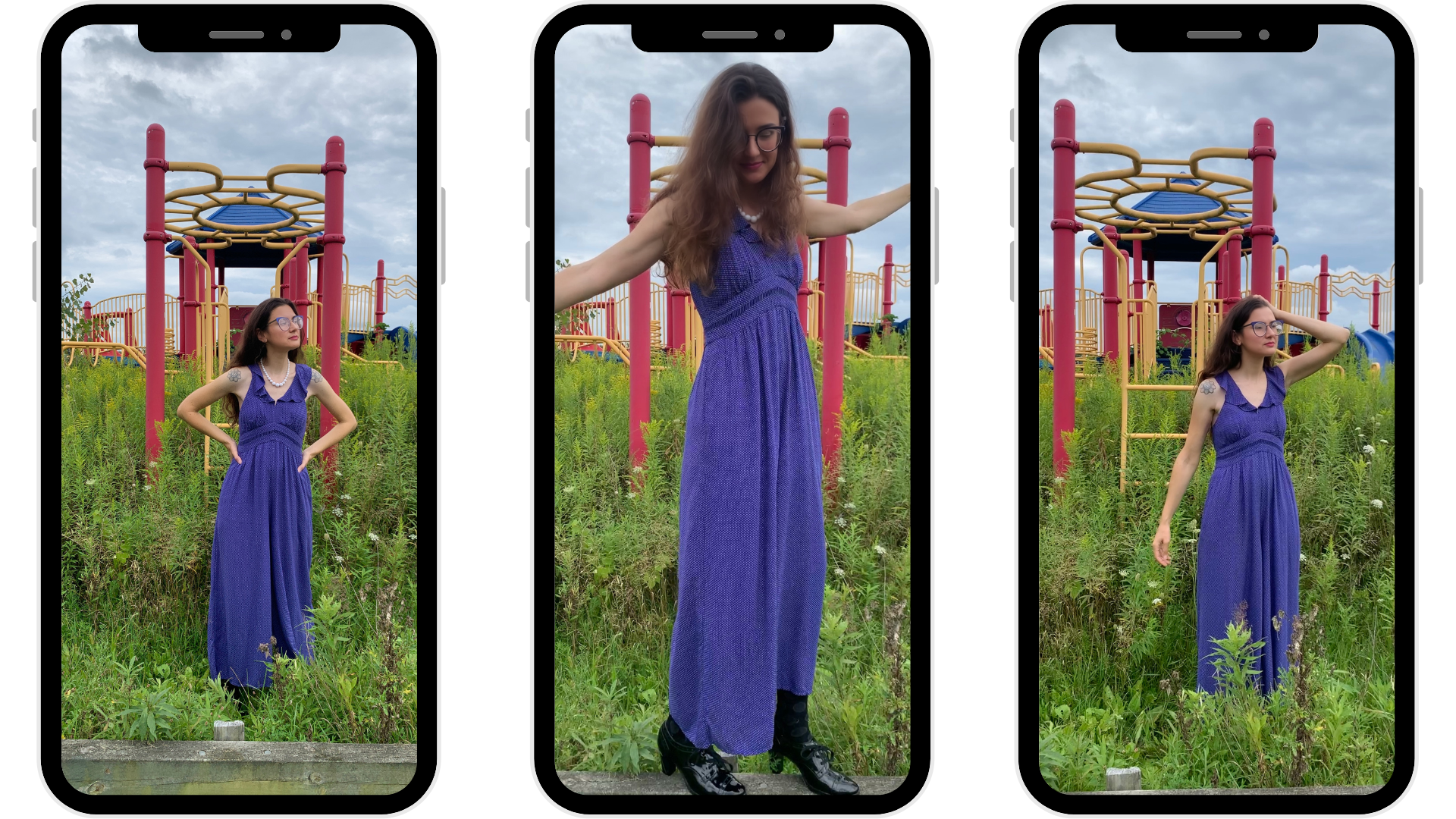 images of a woman wearing a blue jumpsuit with tiny white polka dots in front of an abandoned playground on a cloudy day