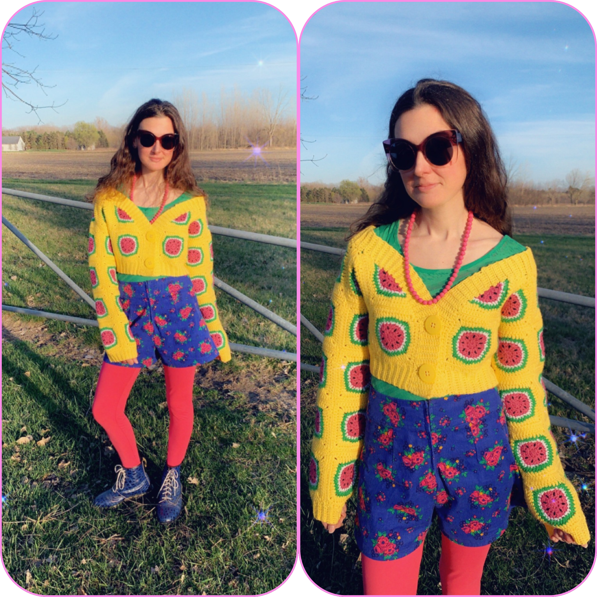 woman wearing a bright yellow cardigan sweater with a watermelon motif and bright floral corduroy shorts, standing in front of the gate to a farm field.