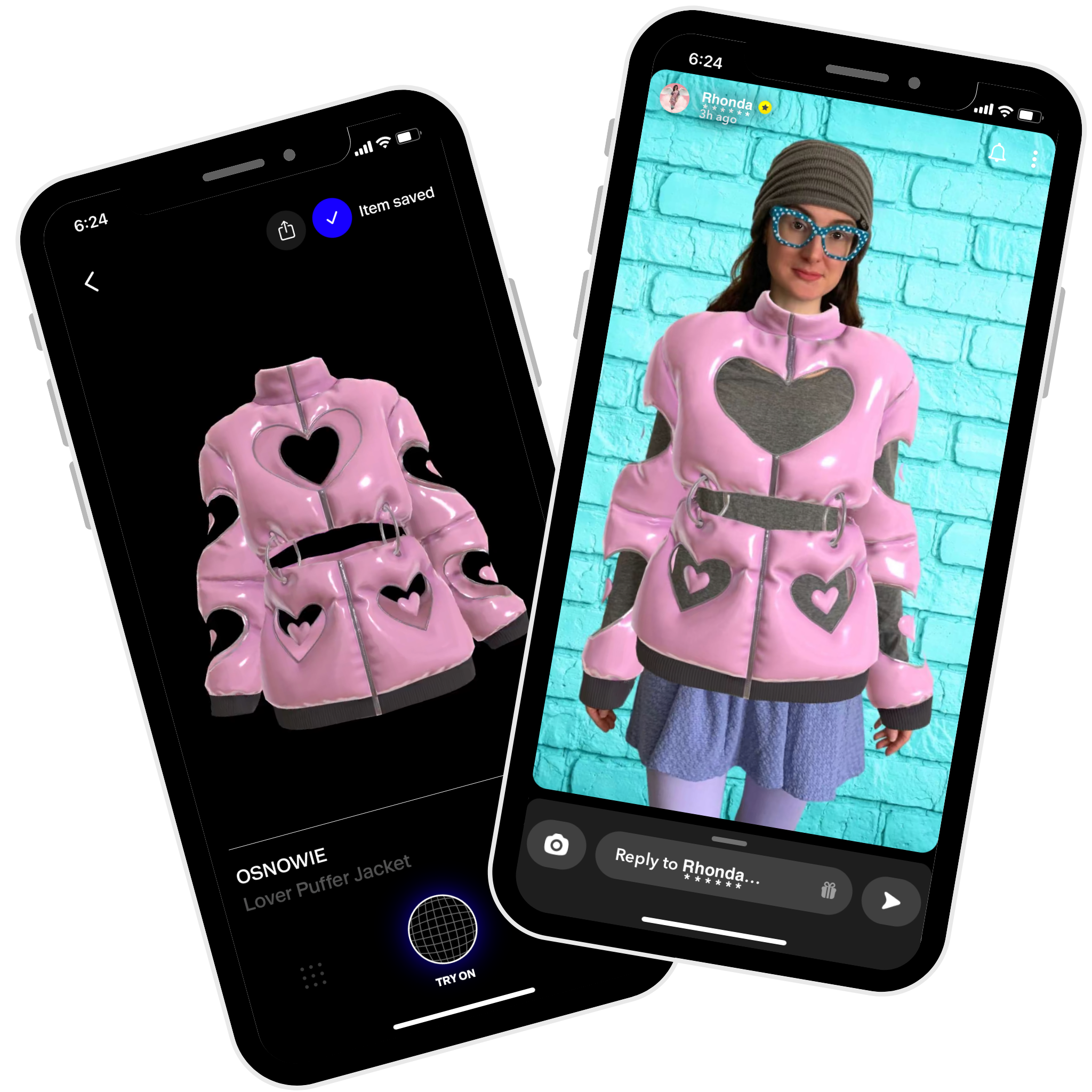 screenshots of the Zero10 digital fashion app and a sample photo of a woman wearing a pink digital jacket with heart cutouts