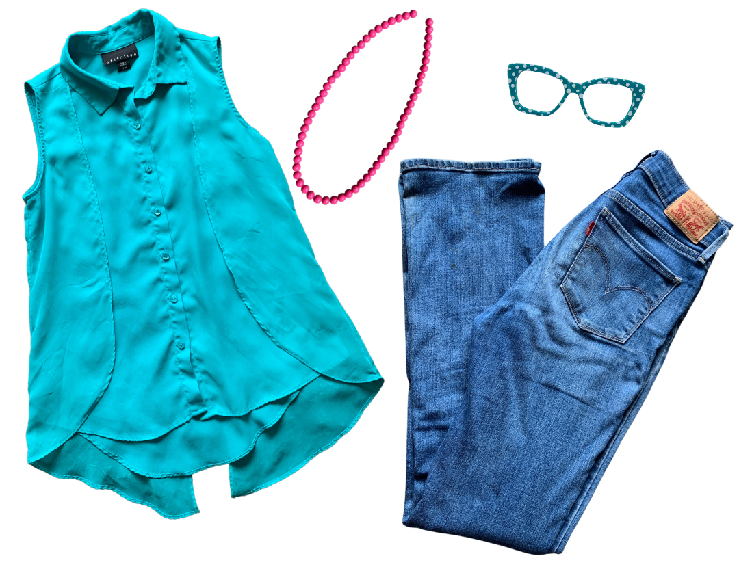 flatlay image of an outfit consisting of a sleeveless teal button-down blouse, magenta vintage beaded necklace, teal polka dot glasses, and a pair of jeans