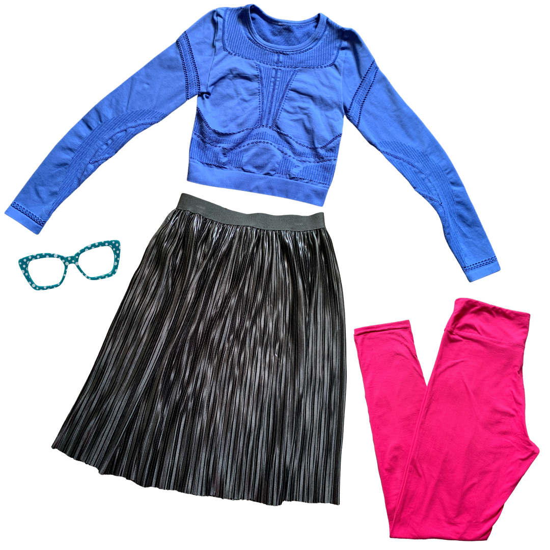 flatlay of an outfit consisting of a futuristic purple shirt, shiny black skirt, magenta leggings, and turquoise glasses with white polka dots