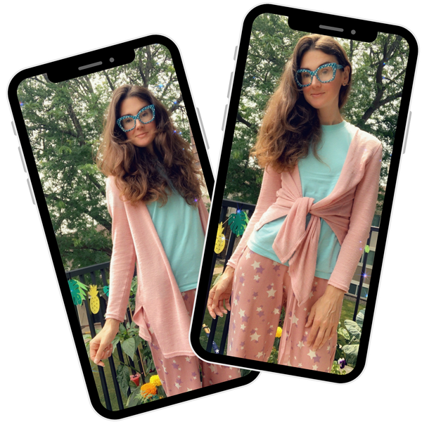 two images of a woman wearing the same long pink cardigan; in the first photo the sweater is worn open, and in the second the sweater is tied at the waist to create a cropped look
