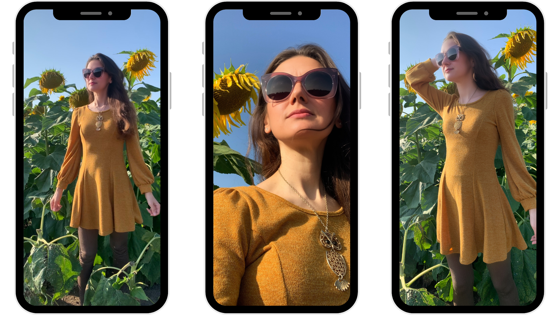 photos of a woman in a mustard yellow sweater dress with puffy sleeves and brown leggings standing in a field of sunflowers