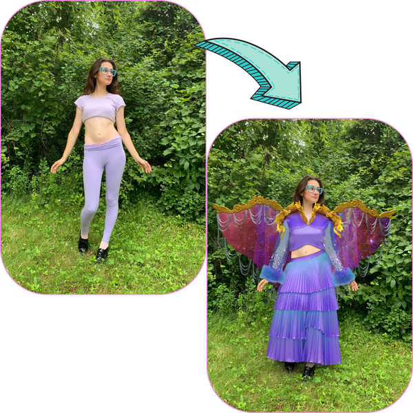 digital fashion before and after photos of a woman with a digitally-added dress and wings