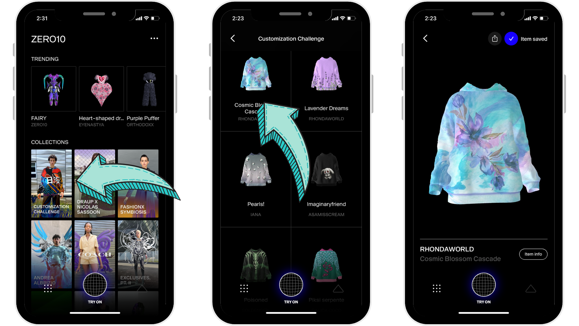 screenshots of the ZERO10 app showing where to find the Cosmic Blossom Cascade digital hoodie