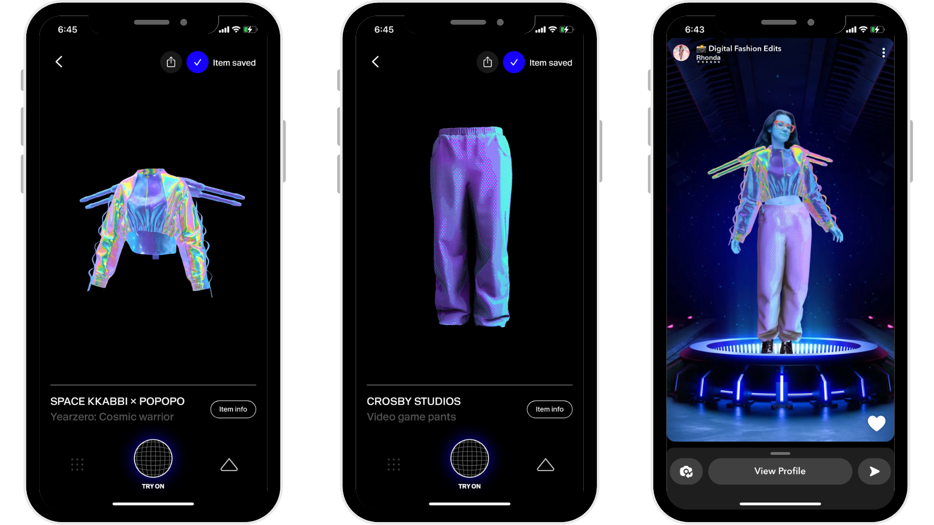 screenshots of digital garments from the ZERO10 digital fashion app