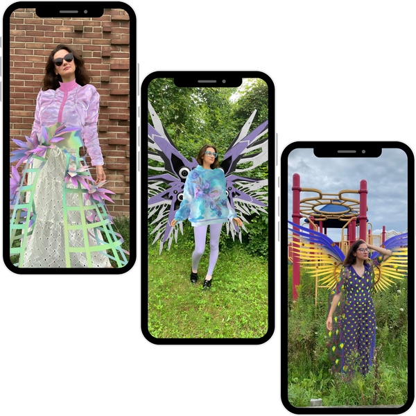 screenshot images of a woman wearing various digital fashion outfits