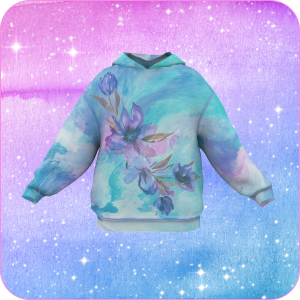 3d rendering of a digital hoodie featuring an image of watercolor flowers on a cosmic-inspired watercolor background