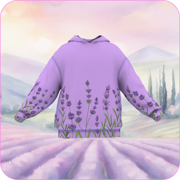 3d rendering of a digital hoodie featuring illustrations of lavender flowers on a light purple background