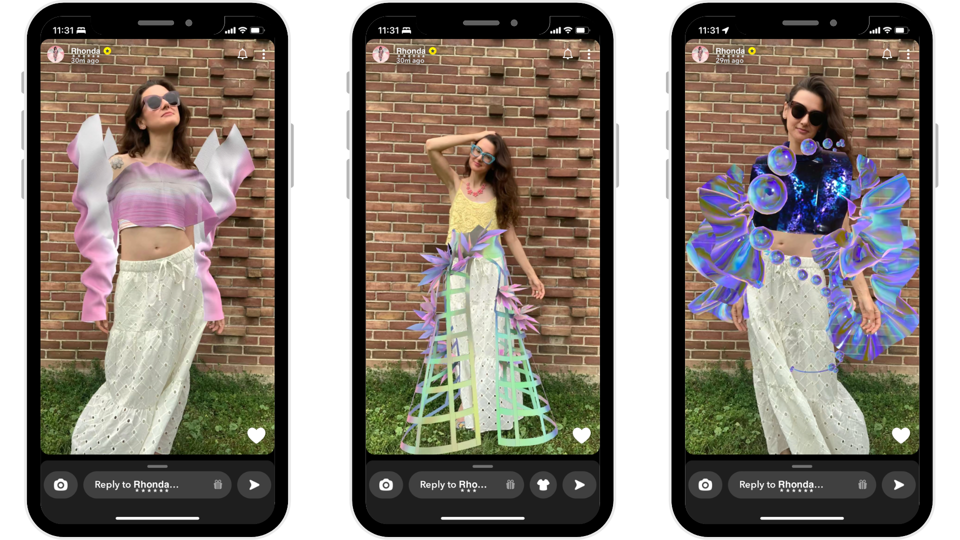 screenshot images of a woman wearing various digital garments