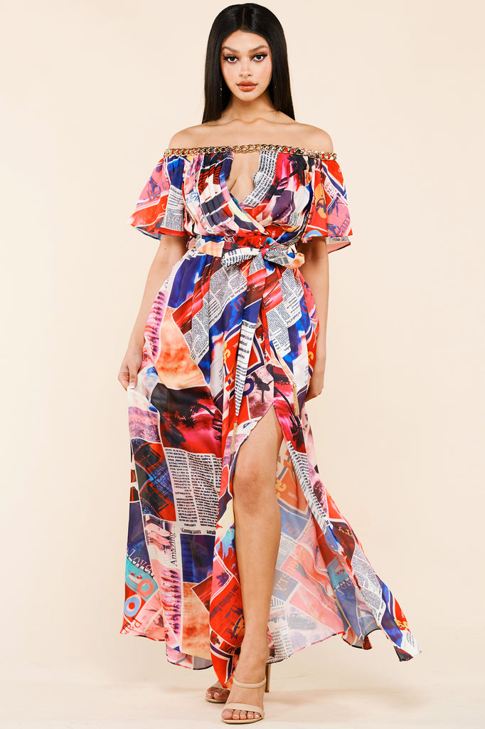 newspaper print maxi dress