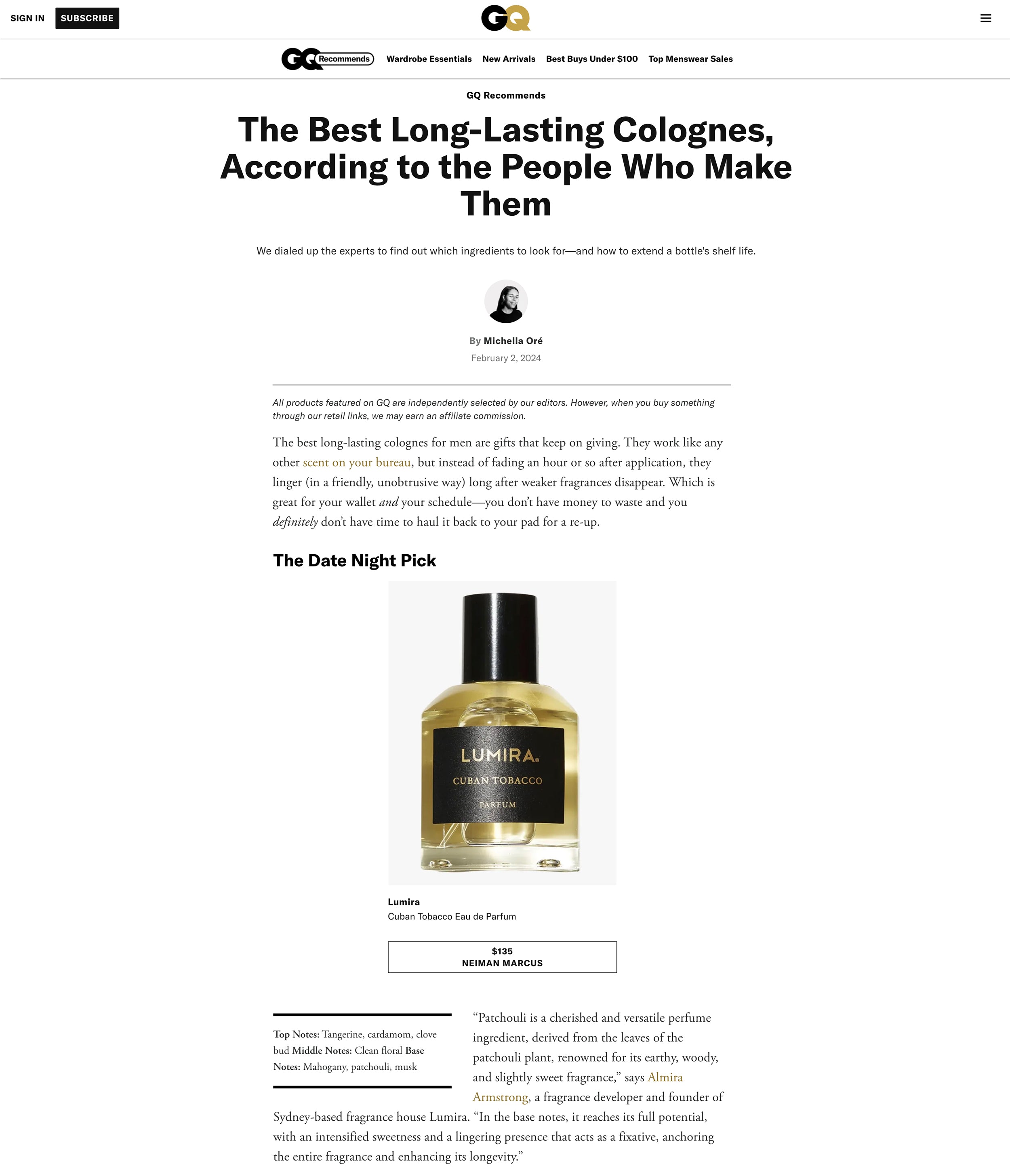 GQ features Lumira Cuban Tobacco Perfume