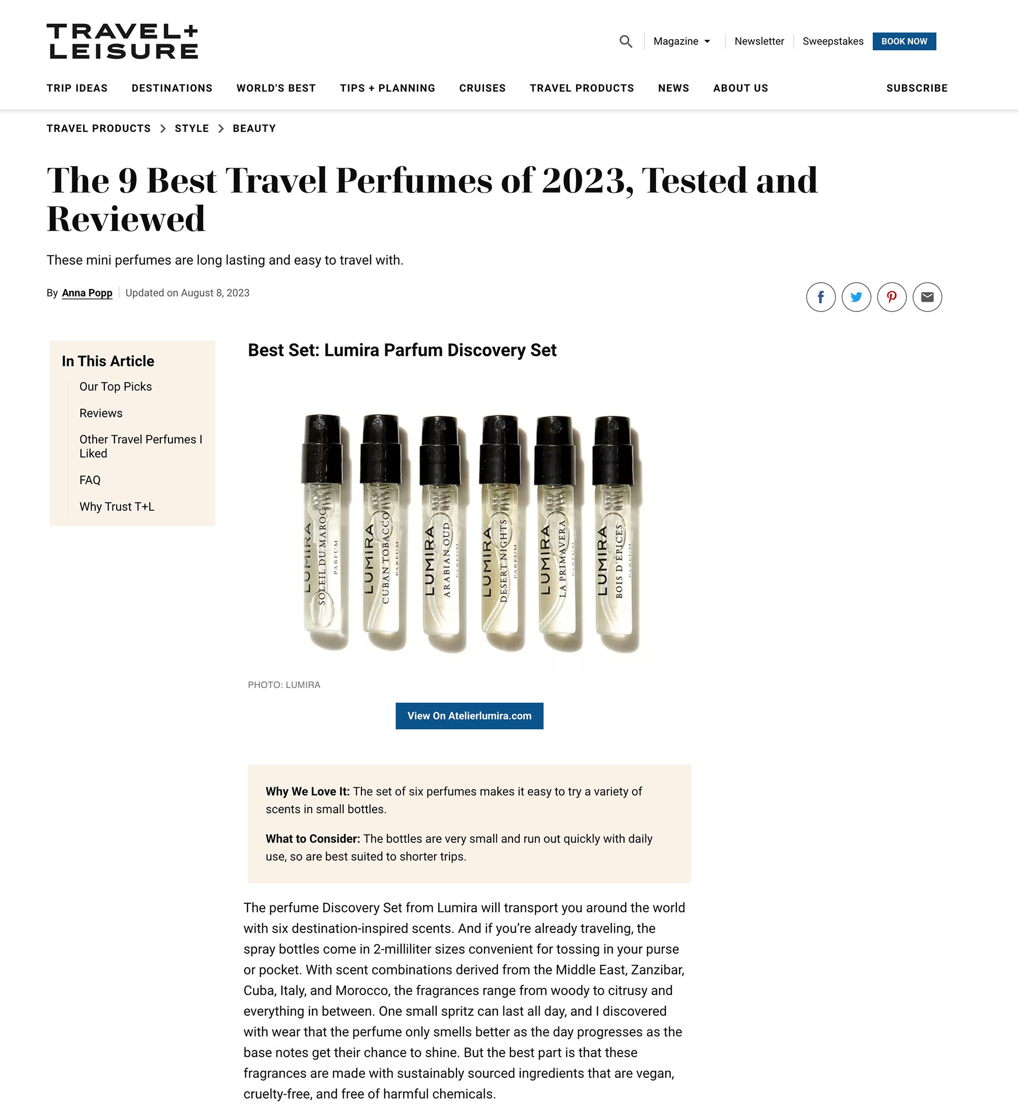 Travel+Leisure has named the Lumira Parfum Discovery Set as Best Set