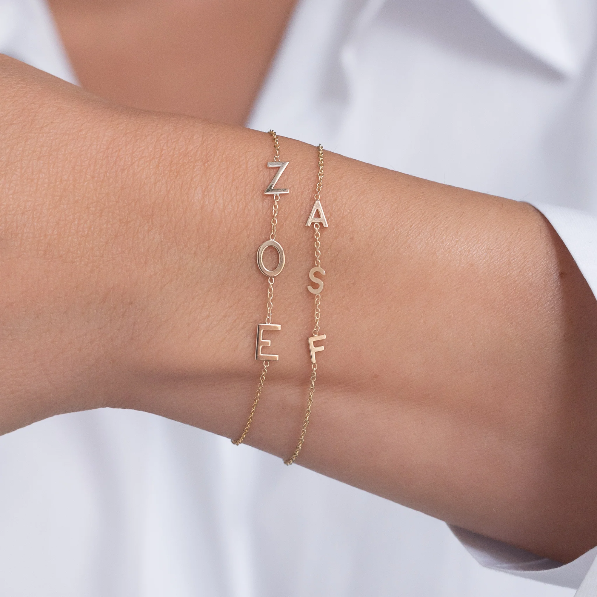 Personalized monogram bracelet or anklet with Figaro chain in Sterling  Silver or solid karat gold: 10K, 14K or 18K.