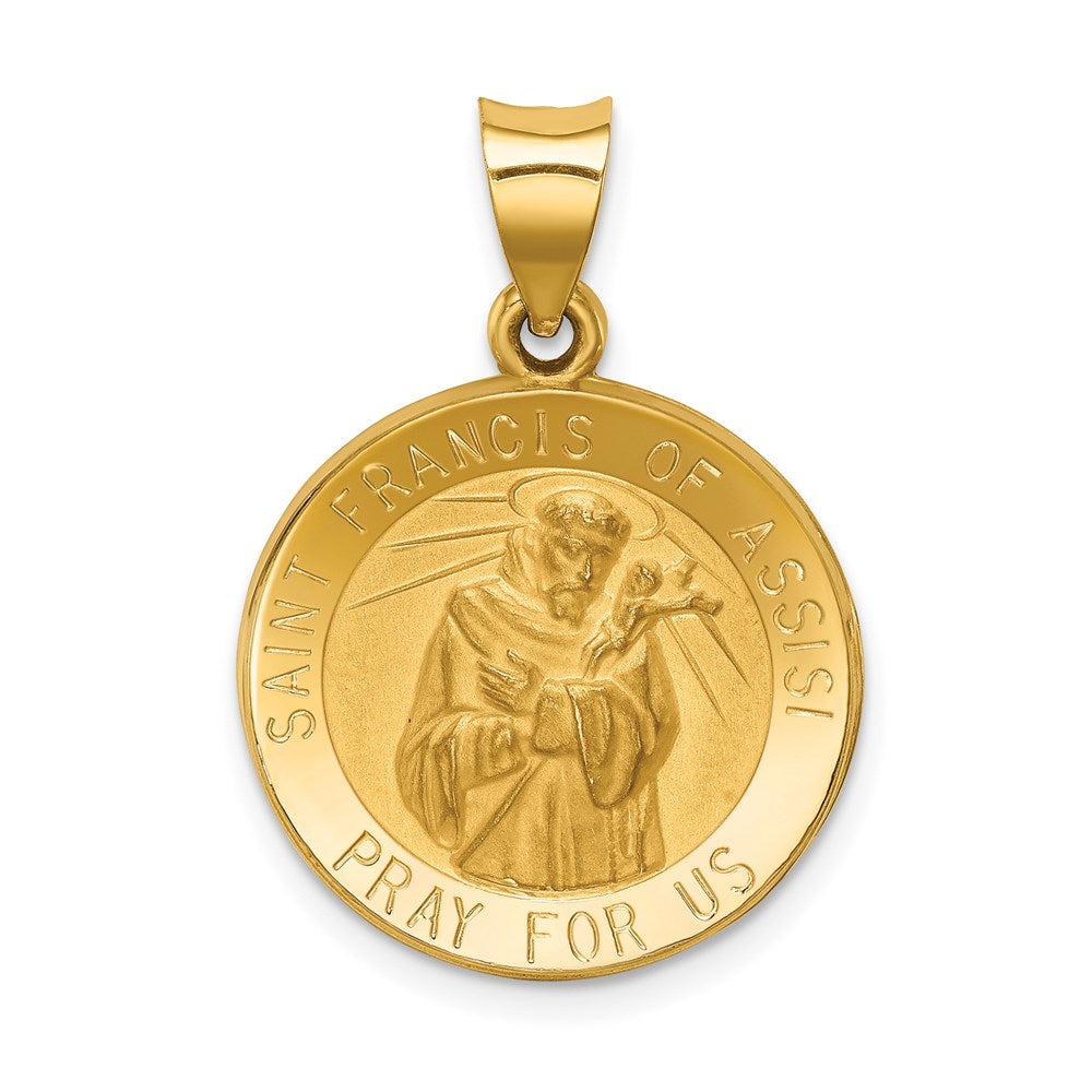 14k Yellow Gold Polished and Satin St Francis Medal Hollow Pendant