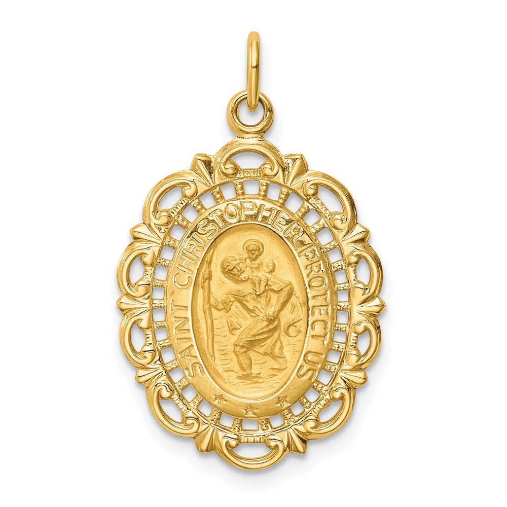 14k Yellow Gold Solid Polished/Satin Large Oval St. Christopher