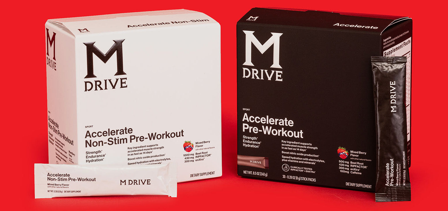 M Drive Accelerate Pre-workout stim and non-stim boxes with to-go sticks