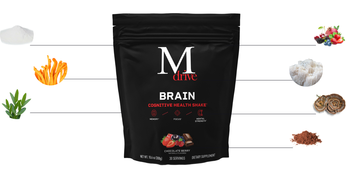 Mdrive Brain contains Brain Factor-7, Cordyceps Extract, EnXtra, BettaBerries Antioxidants, Lion's Mane Extract, Turkey Tails Extract and Cocoa Powder