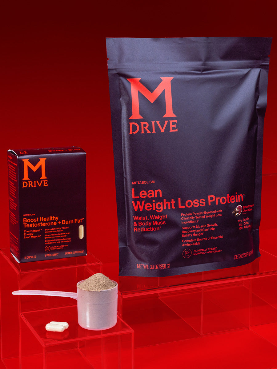 M Drive Weight Loss Bundle Packaging with capsules and scoop of protein weight loss powder