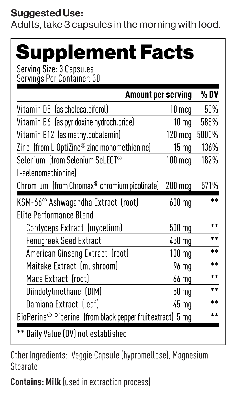 M Drive Elite Supplement Facts Panel with ingredients: KSM-66 Ashwagandha Extract (root), Cordyceps Extract (mycelium), Fenugreek Seed Extract, American Ginseng Extract 			(root), Maitake Extract (mushroom), Maca Extract (root), Diindolylmethane (DIM), Damiana Extract (leaf), Piperine 			(from black pepper) (Bioperine), Vitamin D3 (as cholecalciferol), Vitamin B6 (as pyridoxine hydrochloride), 			Vitamin B12 (as methylcobalamin), Zinc (as zinc mono-L-methionine sulfate) (L- OptiZinc), Selenium (as 			L-selenomethionine) (Selenium SeLECT), Chromium (as chromium picolinate) (Chromax)