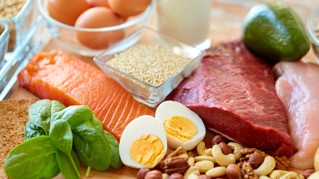 Protein-rich foods. Salmon, steak, eggs.