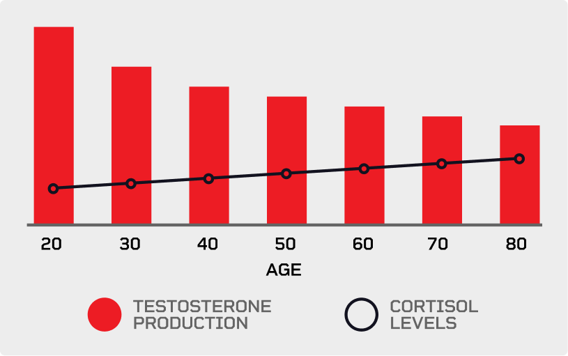 Testerone decreases around 1% a year for men starting in their 30's, as Cortisol levels slowly rise as men age.