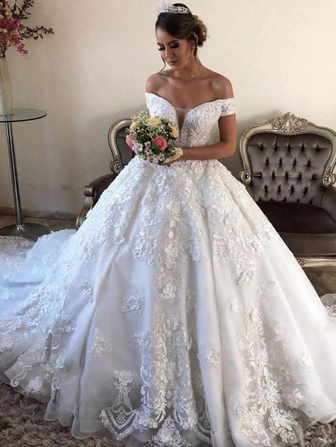 onlybridals Flowers Appliqued Ball Gown Wedding Dress Luxury Off Shoul