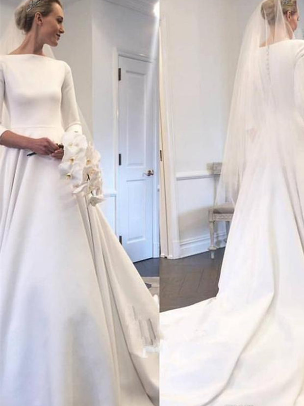 onlybridals A Line Elegant Wedding Dresses Bateau Neck Long Sleeves Sw