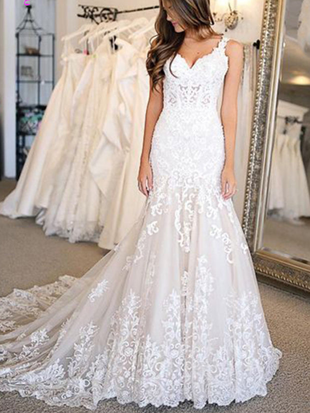 onlybridals Vestido Novia Mermaid Wedding Dresses Straps Lace Applique