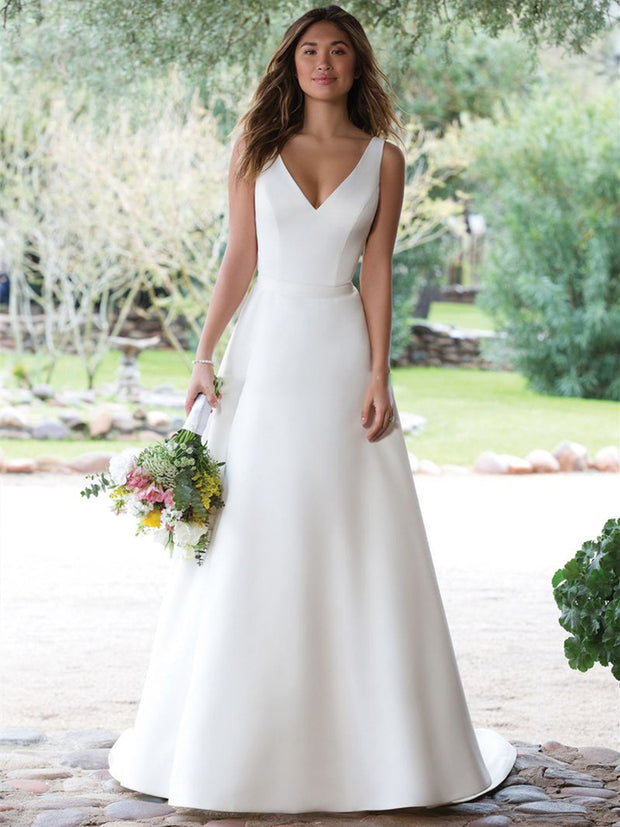 onlybridals Satin Wedding Dresses 2019 A Line V Neck White