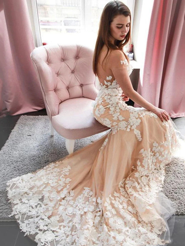 Sexy See Through Backless Tulle Mermaid Wedding Dresses With Appliques