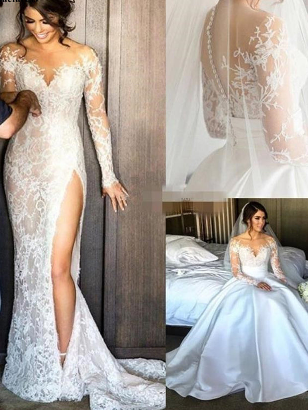 onlybridals Sexy Lace Mermaid Wedding Dresses 2019 Illusion Appliques