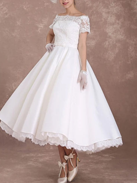 A-line Tea-Length White Bridal Dress with Appliques – onlybridals