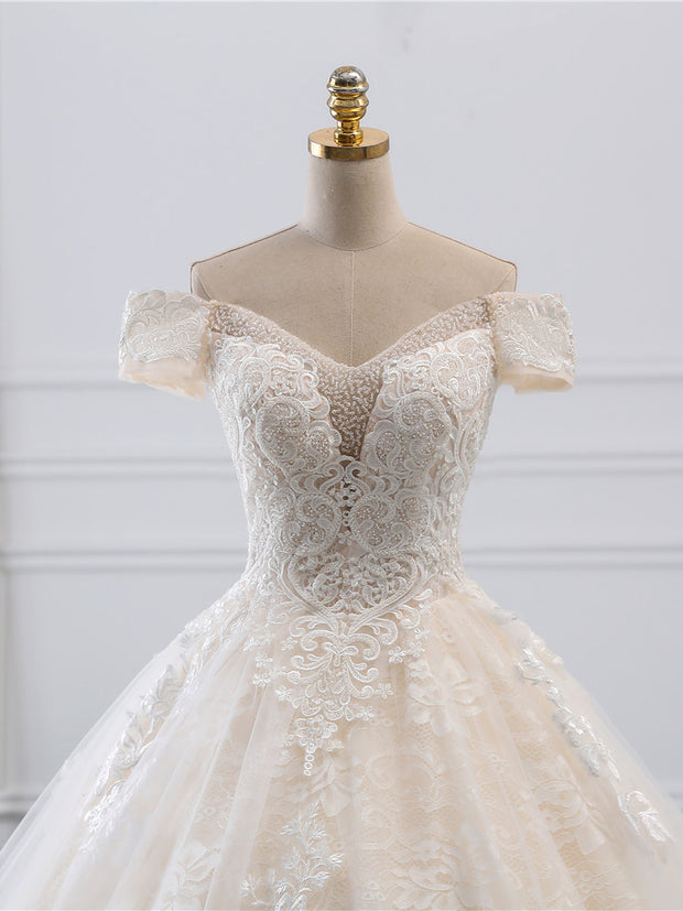 Luxury Lace Beading Long Train Ball Gown Wedding Dress 2020 Vestidos d