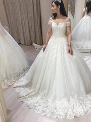 Princess Off the Shoulder Wedding Dresses Sweep Train Lace Appliques Puffy Ball Gown African Bridal Gowns - onlybridals