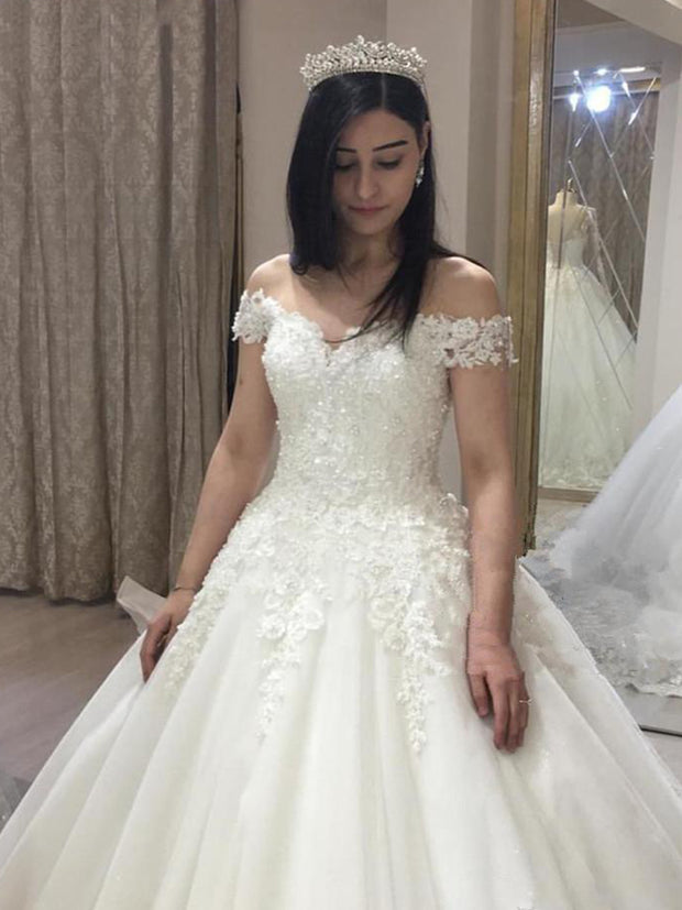 Princess Off the Shoulder Wedding Dresses Sweep Train Lace Appliques P