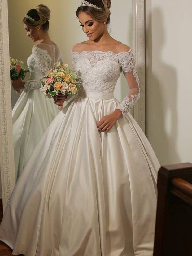 long sleeve button back wedding dress