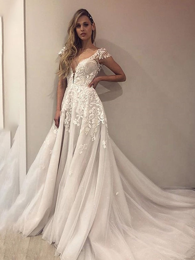 off the shoulder applique wedding dress