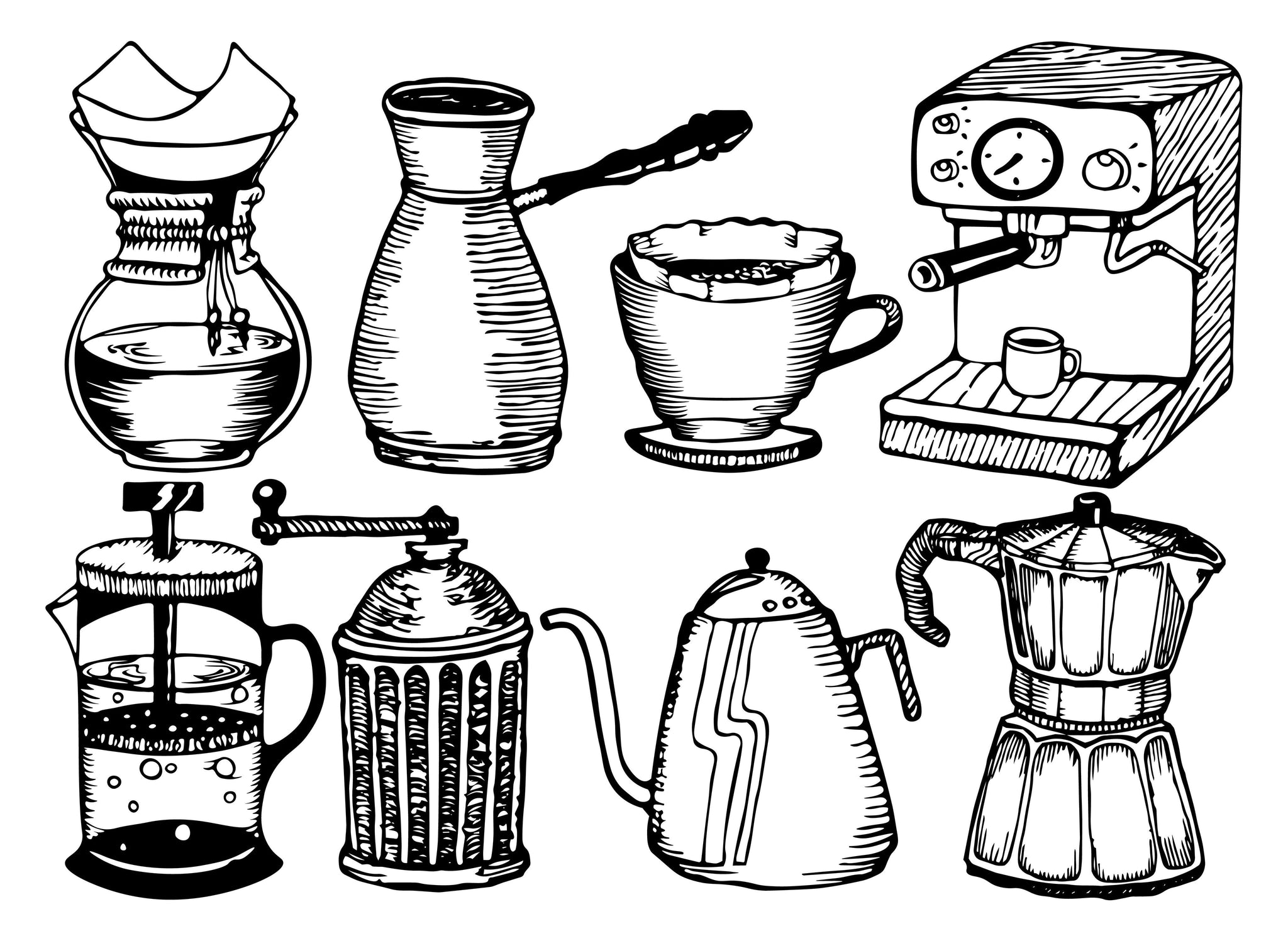 line drawing of coffee brewing methods