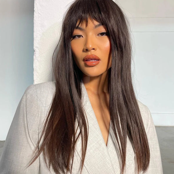 Model wearing fringe hair extensions