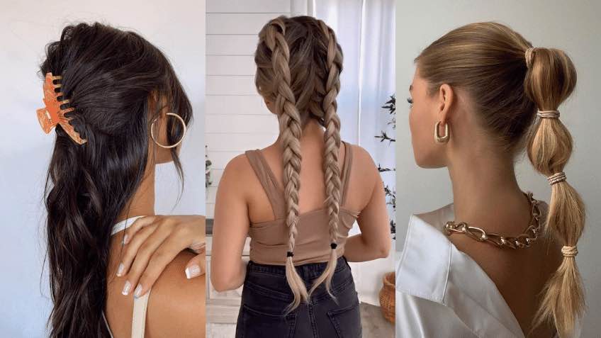 hairstyle braided rose tutorial step by step. Hairstyle for long hair.  Simple hairstyle for long and medium loose hair tutorial. Braided hairstyle.  Hair tutorial - Stock Image - Everypixel