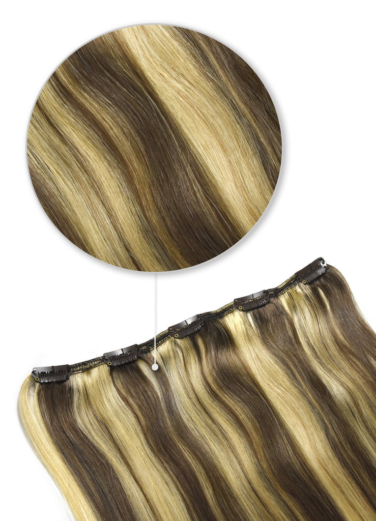 One Piece Top Up Remy Clip In Human Hair Extensions Ash Brown Bleach Blonde Mix 9 613 Cliphair Uk