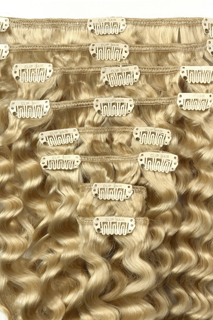 Curly Full Head Remy Clip In Human Hair Extensions Light Ash Blonde 22 Cliphair Uk