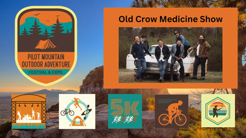 Pilot Mountain Adventure festival add image with orange and teal logo and ads featuring the Old Crow Medicine show and 5K race