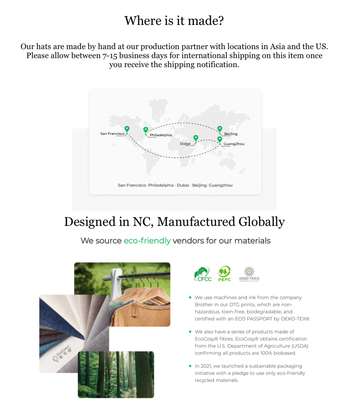 Designed in NC, manufactured globally. Please allow international shipping to take 7-15 business days once shipped. Our manufacturing partner uses eco-friendly materials and processes, pays fair wages, and has locations in both Asia and the US.